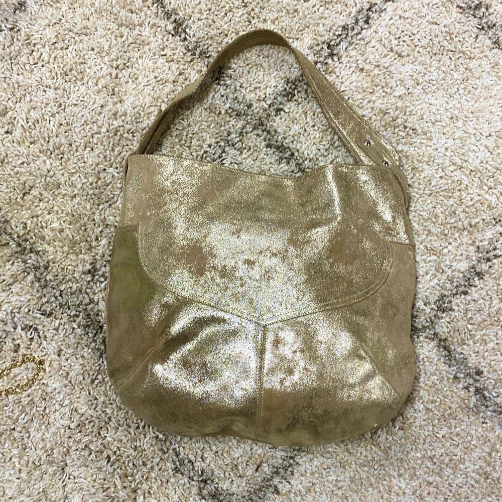 Cofi Genuine Leather Brushed Gold Metallic Hobo Shoulder Bag